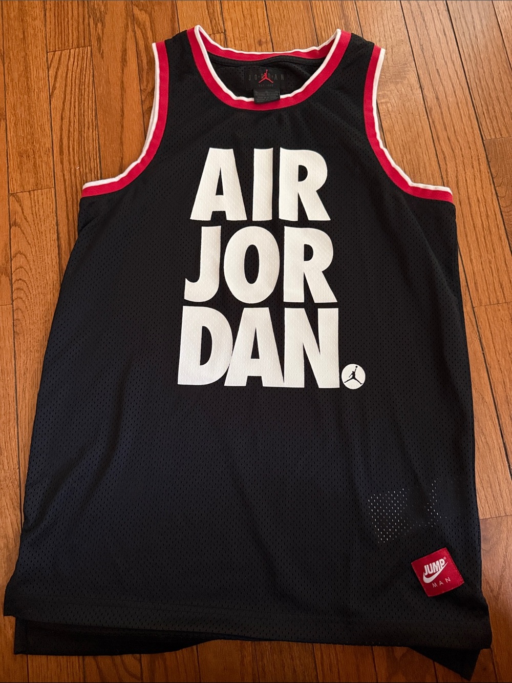 Jordan Black Mesh Tank with White 'AIR JORDAN' Logo and Red Trim